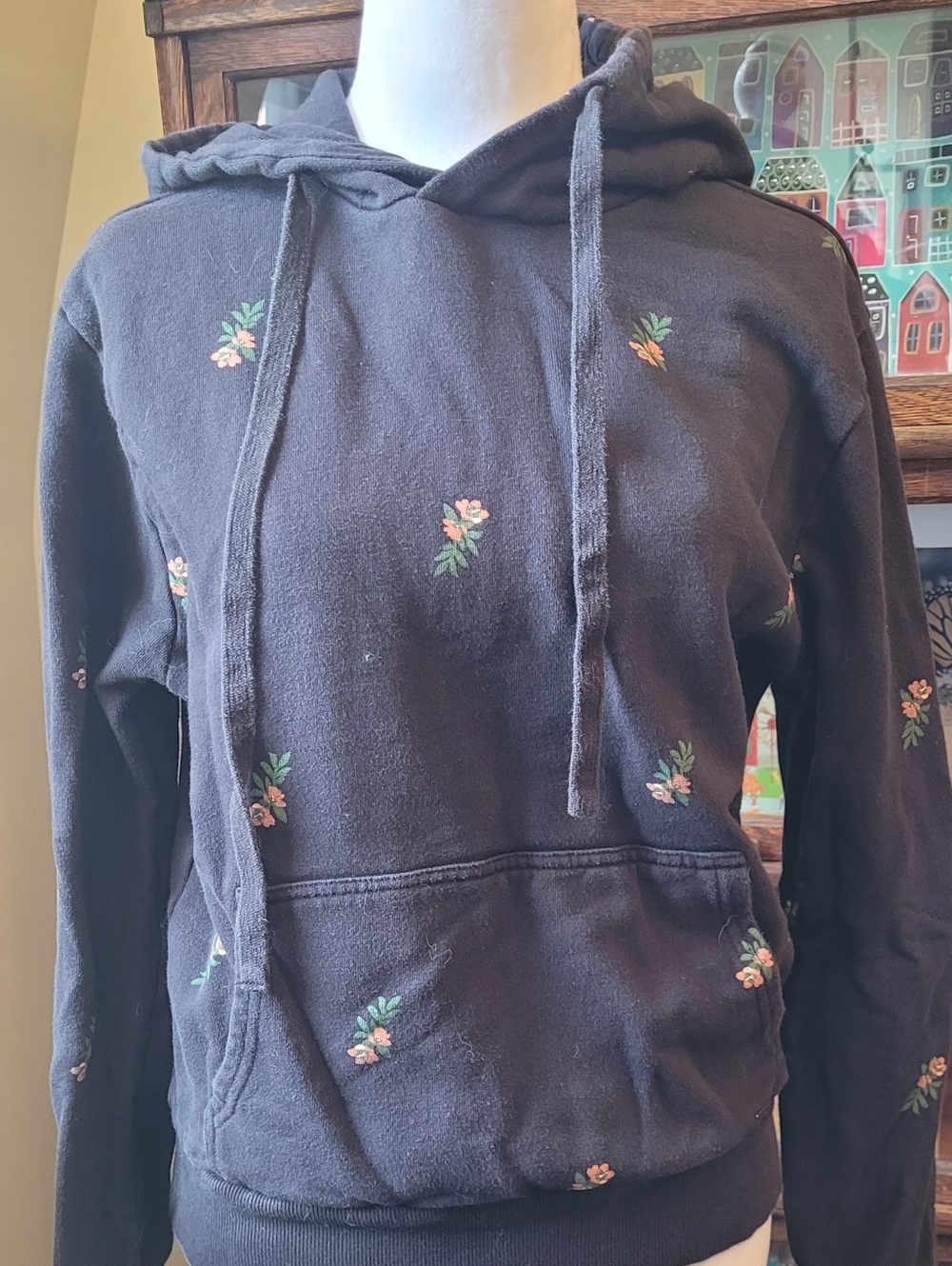 O'Neill Black Hoodie with Small Pink Floral Embroidery